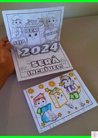 Cartão 3D para colorir Volta Às Aulas