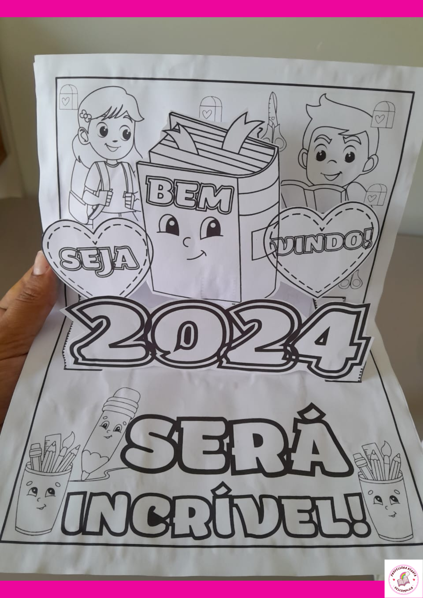 Cartão 3D para colorir Volta Às Aulas