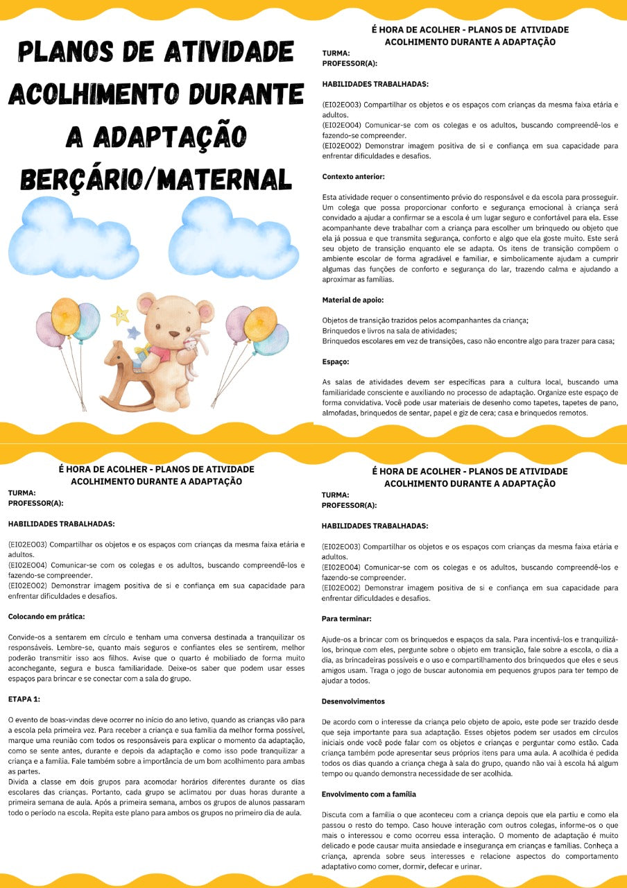 Plano de aula: ACOLHIMENTO DURANTE A ADAPTAÇÃO e PROJETO - ADAPTAÇÃO: COLINHO, CARINHO E MUITA DIVERSÃO