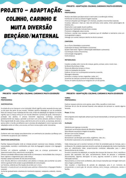 Plano de aula: ACOLHIMENTO DURANTE A ADAPTAÇÃO e PROJETO - ADAPTAÇÃO: COLINHO, CARINHO E MUITA DIVERSÃO