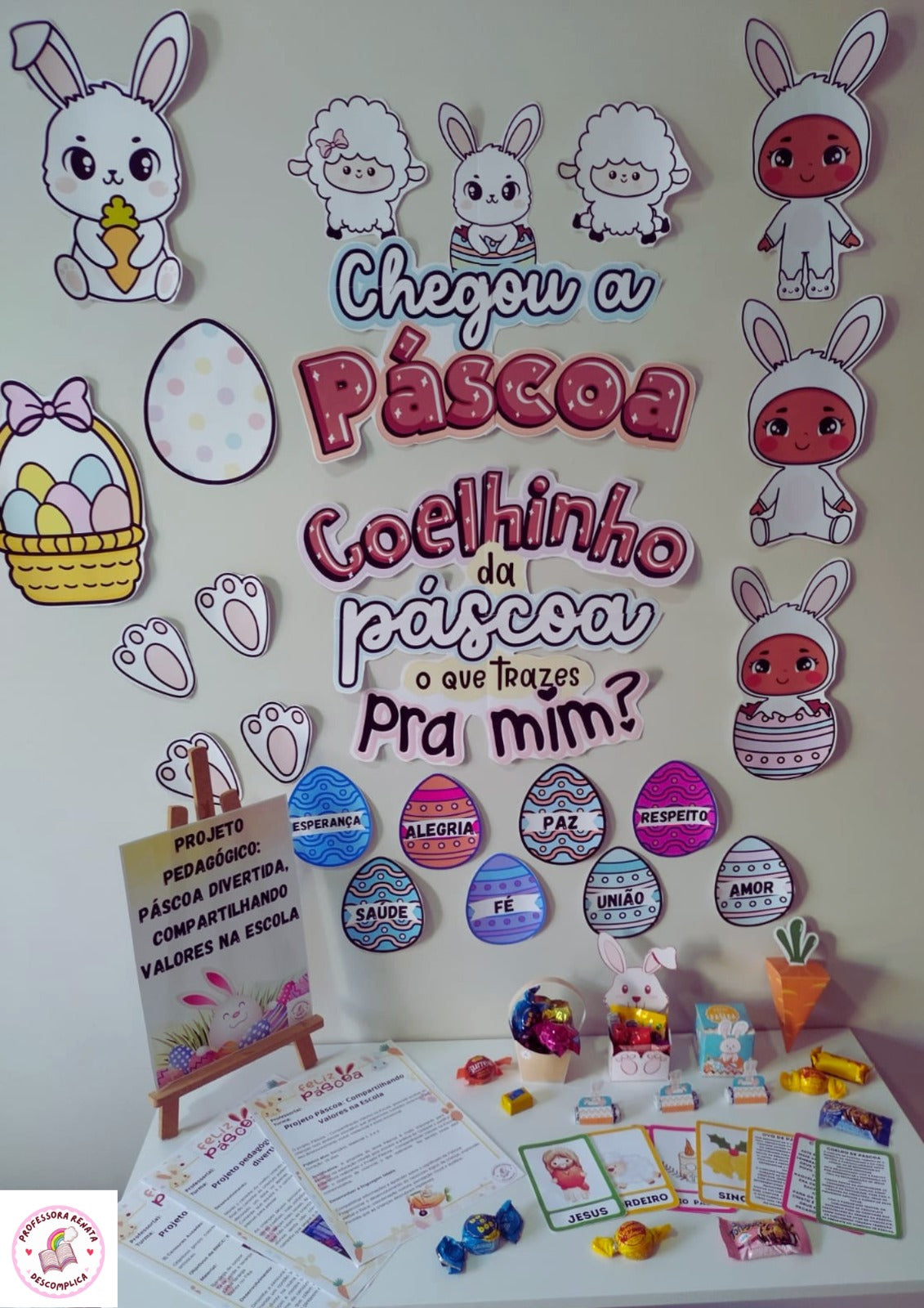 Projeto pedagógico: Páscoa divertida, Compartilhando Valores na Escola 3 em 1, inclui também decoração e lembrancinhas.